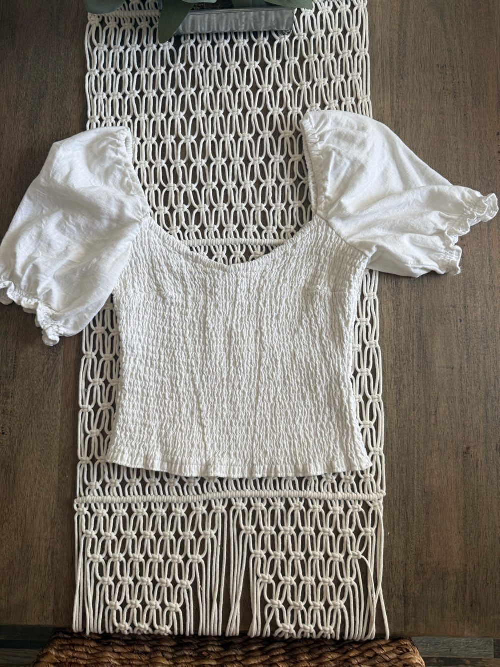 Abercrombie & Fitch White Smocked Puff-Sleeve Top